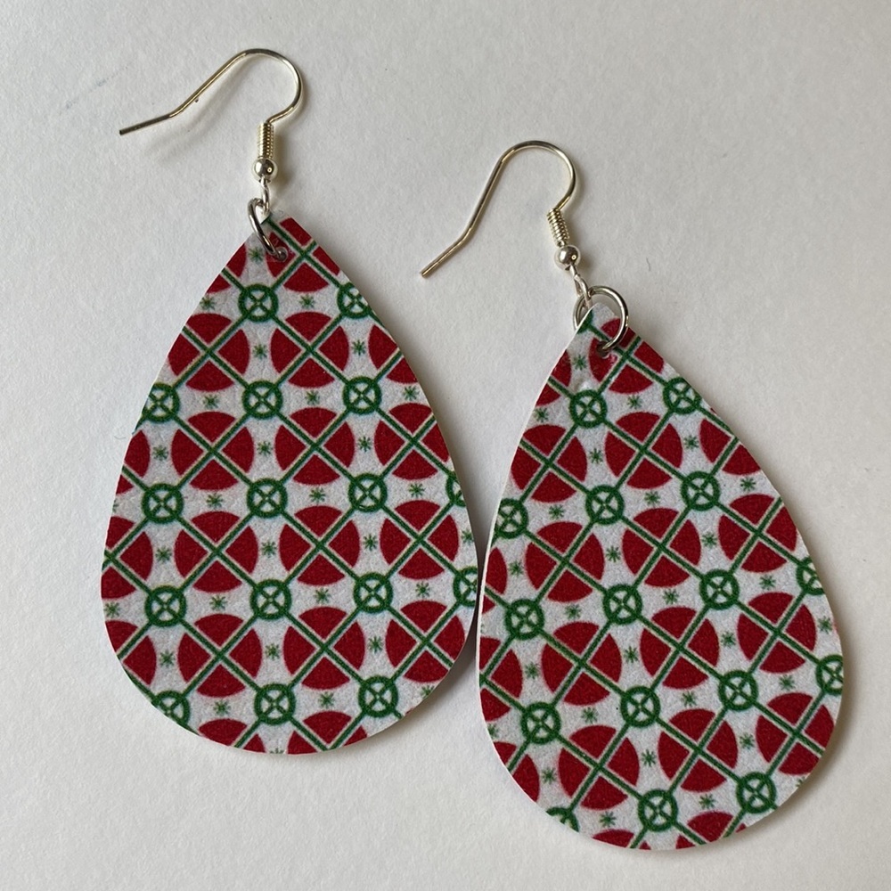 Christmas holiday faux leather teardrop printed earrings